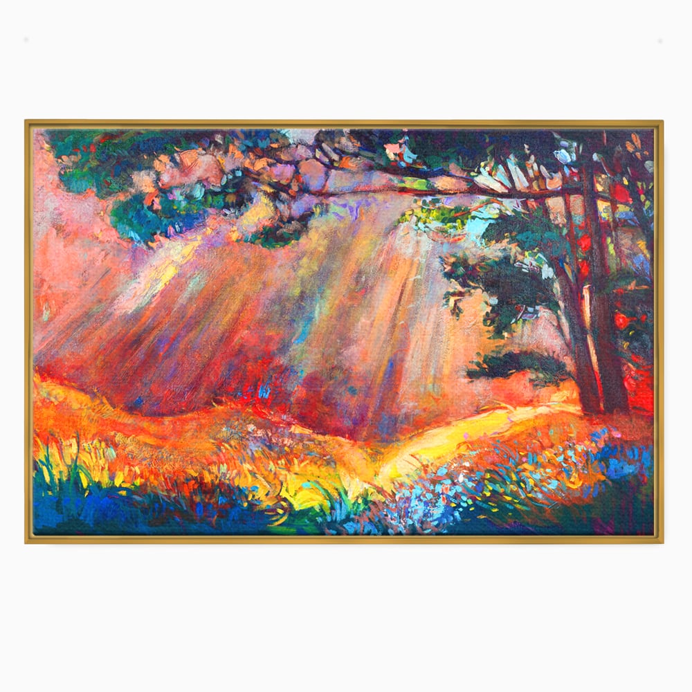 Tablou canvas cu tablou pictura cu padure si raze de soare, in rama de aluminiu auriu